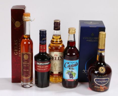 Courvoisier V.S.O.P cognac, 70cl, 40% vol, Gelas armagnac, 35cl, 40% vol, Bells blended scotch whisky, 70cl, 40% vol, De Kuyp