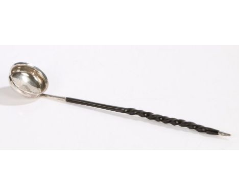 18th Century silver toddy ladle, with silver capped twisted baleen handle and circular bowl initialled JH, 33cm long