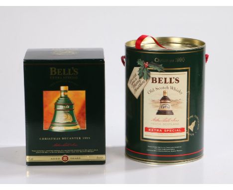 Bells Old Scotch Whisky Christmas 1990 bell decanter, 75cl, 43% vol, housed in a presentation tube, another 1995 commemorativ