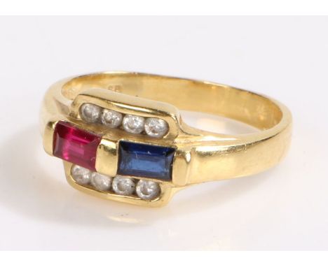 Diamond sapphire and ruby ring, the head set with an emerald cut sapphire and ruby flanked by diamonds, 4.7 grams, ring size 