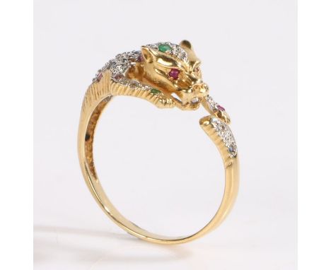 18 carat gold diamond ruby sapphire and emerald ring, the shank and head forming a leaping panther set with gemstones, 4 gram