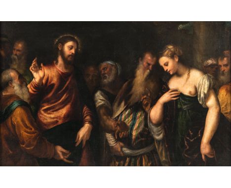 Polidoro da Lanciano (nach)Lanciano (um) 1515 - Venedig 156586 x 137 cmChristus und die Ehebrecherin. Öl/Lwd., doubl.Privatsa