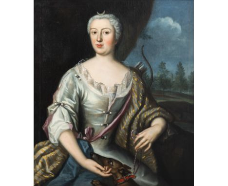 Deutsche Schule17./18. Jhdt.95 x 80 cmPortrait einer adeligen Jägerin als Diana. Öl/Lwd., doubl., verso auf Etikett bezeichne