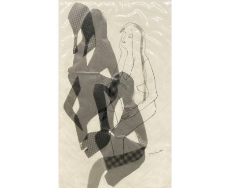 A signed mixed media collage by Jocelyne Blair, abstract female figurative composition with shadows. Dated 1976. H.42 W.29cm.