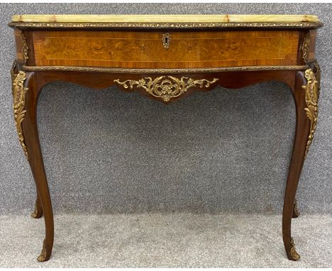 A Louis XV style kingwood, walnut and satinwood inlaid side table or console table with marble top and ormolu mounts on cabri