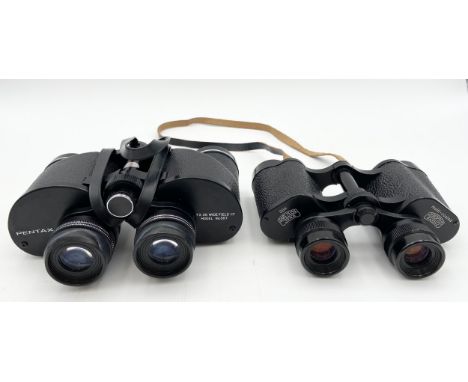 Two pairs of binoculars with their cases, Pentax 7 x 35mm and a DDR Jena 8 x 35mm with Carl Zeiss lenses. H.6 W.20 D.13cm.