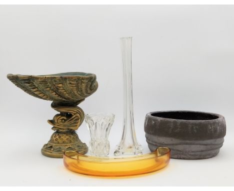 A miscellaneous collection of glass and other objects to include two glass vases and a crescent shaped dish, a ceramic bowl, 