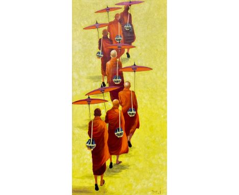 A signed acrylic on board, Buddhist monks in the style of Min Wae Aung, monogrammed. H.138 W.77cm