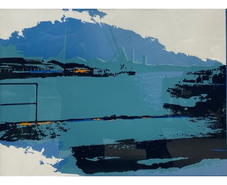 A framed and glazed silkscreen print on paper titled 'Lower North Sea II', depicting an industrial landscape, by Jocelyne Bla