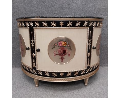 A contemporary demi-lune mini bar or console table with classical gilt and hand painted decoration over three  doors, the cen