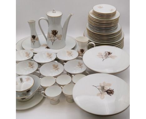 A mid century Rosenthal dinner and coffee service with rosebud decoration, 55 pcs to include eight dinner plates etc. H.20cm 