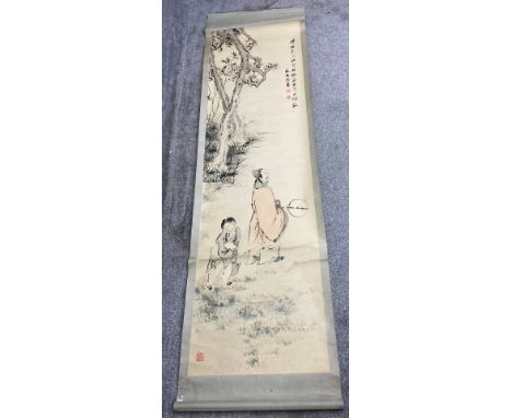 A traditional Chinese ink and watercolour painting on paper scroll, depicting two figures and cherry blossom, with the artist