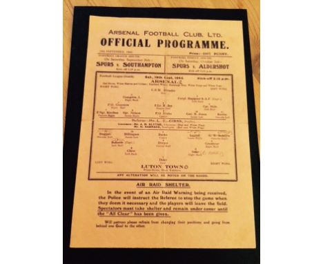 War time football programme - 1942 Arsenal v Luton Town single sheet played 19/09/42 in the Football League (South) (pencil t