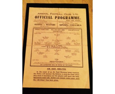 War time football programme - 1943 Arsenal v Brentford single sheet played 16/10/43 in the Football League (South) (pencil t/