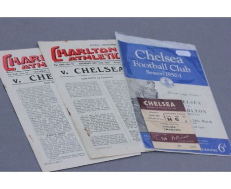 Chelsea v Charlton Athletic football programme with match ticket played 24th March 1951 plus 2 x CAFC v CFC programmes to inc