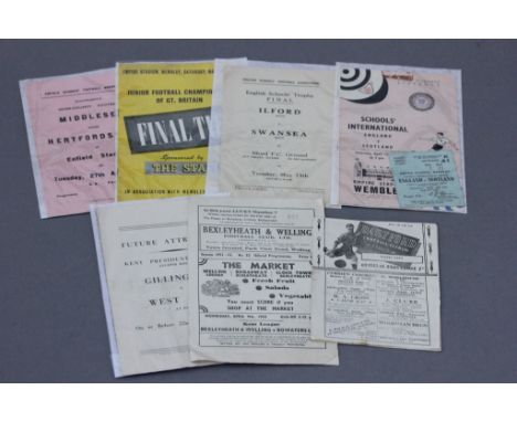 7 Late 1940's early 1950's School Boy and Non-League football prohgrammes to including Dartford v Bath City 1952, Bexleyheath