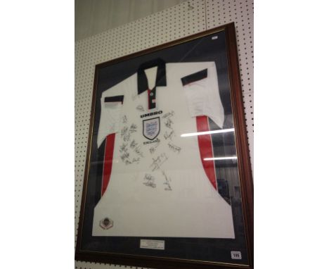 Football Autographs - Framed & glazed England under 21 football shirt from 1997 signed by 20 of the players from England Vs I