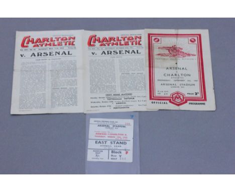 Arsenal v Charlton Athletic 13th March 1952 match ticket, AFC v CAFC football programme playyed 3rd September 1947 and CAFC v