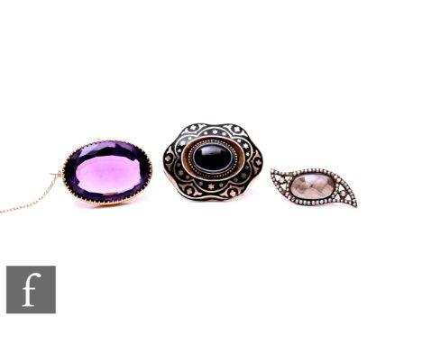 Two 19th Century memorial brooches, one with central plaited hair panel, with a 9ct single stone amethyst example, total weig