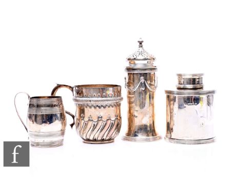 Four items of Georgian and later hallmarked silver to include a tea caddy, a sugar castor and two small tankards, total weigh