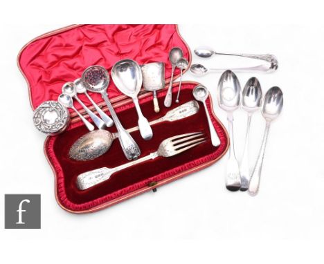 A parcel lot of 19th and early 20th Century silver flatware, to include a George III sugar sifting spoon, London 1808, Richar