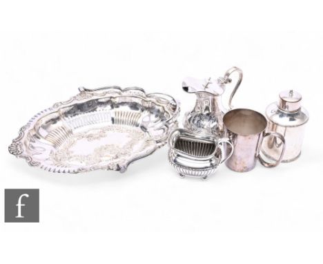A collection of 19th and 20th Century silver plate, including tea caddy and cover, of cylinder form with reeded bands, a Vict