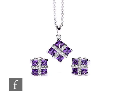A 9ct hallmarked white gold amethyst and diamond pendant set in a square design and suspended from a conforming chain, with a
