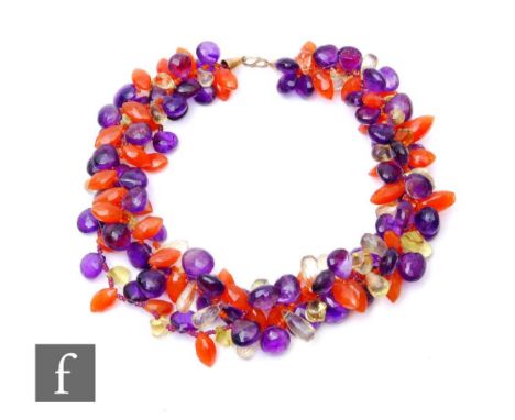 A carnelian, amethyst and quartz collarette, each facet cut,&nbsp;length 48cm, terminating in silver gilt figure of eight cla