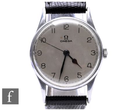 A stainless steel Omega Military Fleet Air Arm&nbsp;RAF pilots manual wind wrist watch with Arabic numerals and centre second