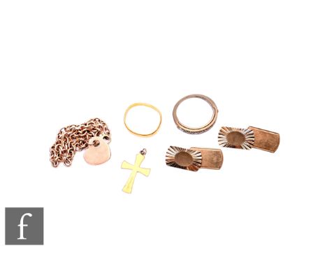 A small parcel lot of 9ct items, cufflinks, chain and cross, total weight 8.5g, with a 22ct wedding ring, weight 1.9g, and a 