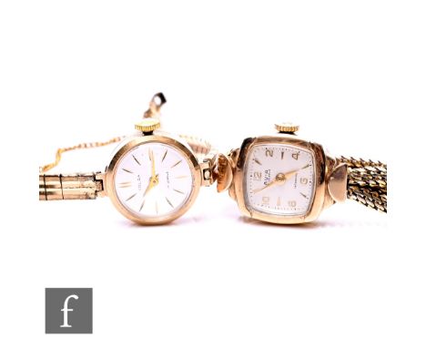 Two mid 20th Century 9ct lady's manual wind wrist watches each to a gilt metal bracelet, total weight 29g.