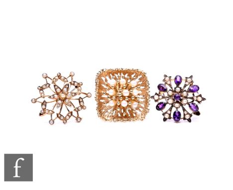 Two 9ct pearl set brooches, with a further seed pearl and amethyst set example, total weight 18g. (3)