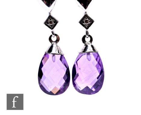 A pair of 9ct hallmarked white gold amethyst and diamond drop earrings with facet cut tear drop amethysts, weight 2.6g, lengt