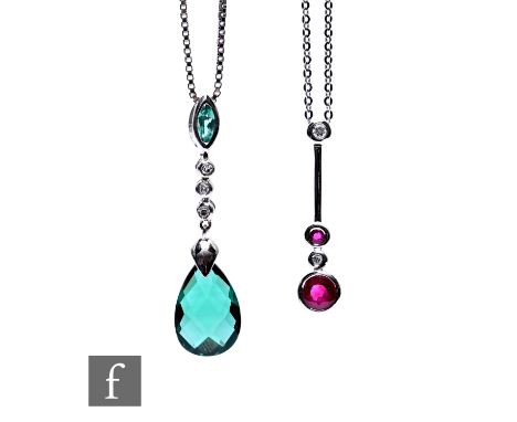 Two pendants, to include a ruby and diamond pendant on a 9ct mount suspending from a 9ct white gold chain, chain 2.5g, togeth
