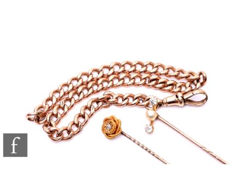 A 9ct rose gold curb link bracelet terminating in swivel clasp, weight 17g, length 24cm, with two stone set stick pins. (3)