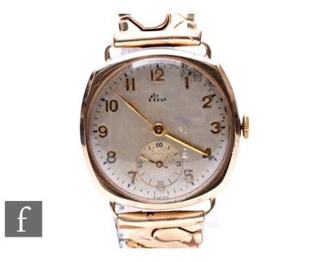 A 9ct hallmarked gentleman's Elco manual wind wrist watch, Arabic numerals to a circular silvered dial, case diameter 28mm, t