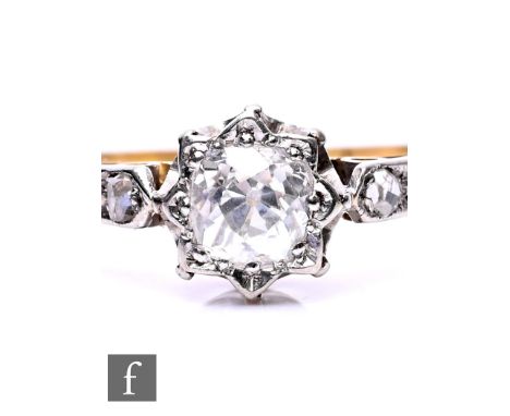 A mid 20th Century 18ct diamond solitaire with diamond set shoulders, weight approximately 0.40ct, weight 2g, ring size K.