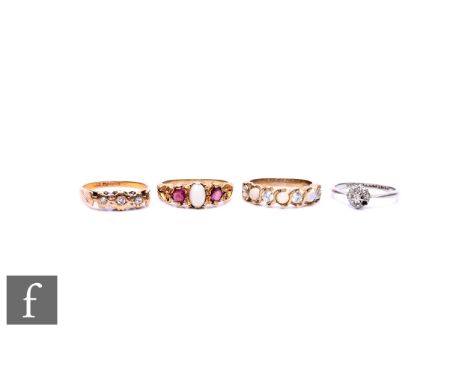 Three 9ct hallmarked stone set rings, total weight 7.5g, with a platinum cluster ring, weight 2g, damage. (4)