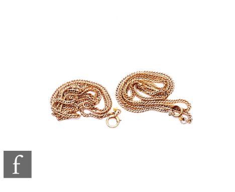 Two 15ct flat curb link chains, total weight 23.5g, each length 56cm, both terminating in bolt ring fastener. (2)