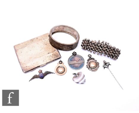 A small parcel lot of hallmarked silver and other items to include a cigarette case fob, bangle etc, total weight 190g, some 