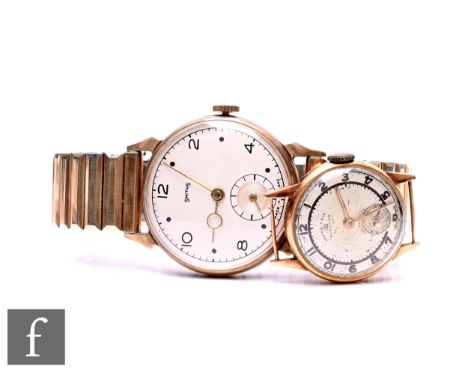 A 9ct hallmarked gentleman's Smiths manual wind wrist watch, Arabic numerals and batons mix to a circular silvered dial, case