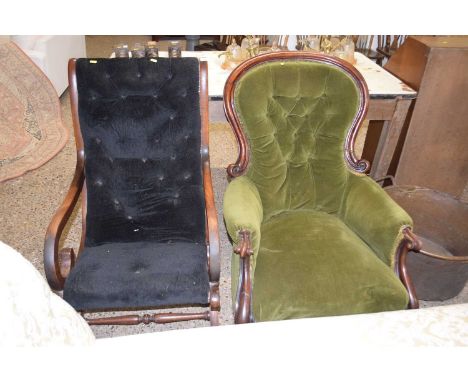 A Victorian mahogany framed and button upholstered armchair together with a further Victorian style black upholstered armchai