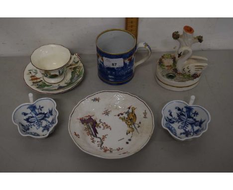 Mixed Lot: Staffordshire pen holder with swan decoration, Royal Worcester cup and saucer, pair of sjmall piessen pickle dishe