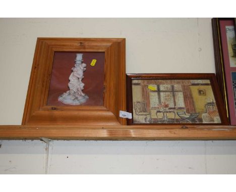 Small watercolour study of an interior scene together with a further framed print of a candlestick (2)