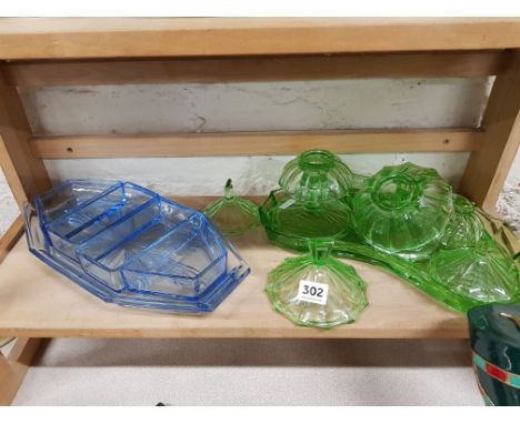 VINTAGE GREEN DRESSING TABLE SET PLUS VINTAGE BLUE GLASS BON BON DISH