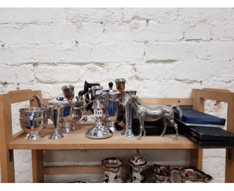 SHELF LOT OF EPNS TO INCLUDE HORSE FIGURE, TEASET AND CANDLESTICK