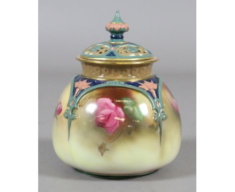 A Royal Worcester Hadley ware pot pourie case with pierced cover painted with roses, (AF).