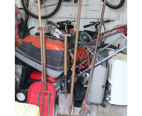 A collection of garden tools including Flymo Turbo 330 230 volt lawnmower, Black & Decker 41cm hedge cutter, alluminium steps