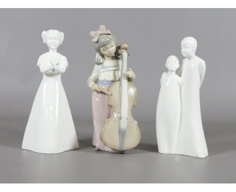 Two Coalport white ceramic figurines from The Moments Collection along with a Nao figurine of a young girl playing a cello (A