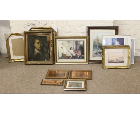 A collection of pictures and gilt frames and an oil portrait of a gentleman.